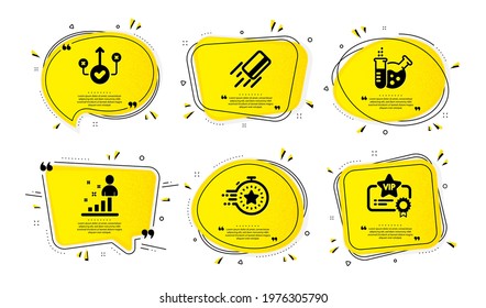 Stats, Timer and Credit card icons simple set. Yellow speech bubbles with dotwork effect. Correct way, Chemistry lab and Vip certificate signs. Vector