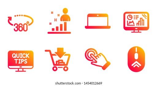 Stats, Touchscreen gesture and 360 degrees line icons set. Web tutorials, Analytics graph and Shopping signs. Laptop, Swipe up symbols. Business analysis, Click hand. Technology set. Vector