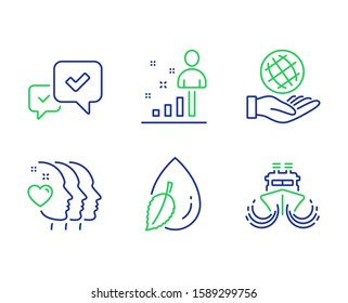 Stats, Water drop and Approve line icons set. Friends couple, Safe planet and Ship signs. Business analysis, Mint leaf, Accepted message. Friendship. Business set. Line stats outline icons. Vector