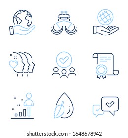 Stats, Wassertropfen und genehmigte Zeilensymbole gesetzt. Diploma-Zertifikat, retten Planet, Gruppe von Menschen. Freunde Ehepaar, Safe Planet und Schiff Schilder. Business Analysis, Mint-Blatt, Accepted message. Vektorillustration