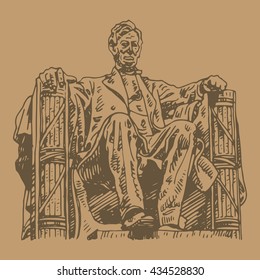 Statue of Abraham Lincoln, Lincoln Memorial, Washington DC, USA. Sketch by hand. Vector illustration. Engraving style