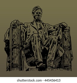Statue of Abraham Lincoln, Lincoln Memorial, Washington DC, USA. Sketch by hand. Vector illustration. Engraving style