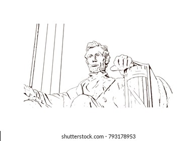 Statue of Abraham Lincoln, Lincoln Memorial, Washington DC, USA. Hand drawn sketch illustration in vector.