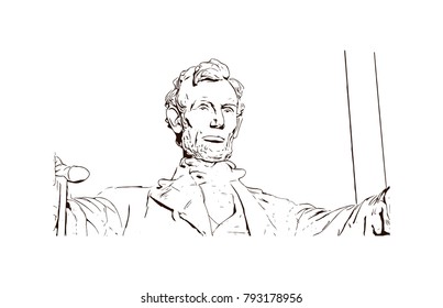 Statue of Abraham Lincoln, Lincoln Memorial, Washington DC, USA. Hand drawn sketch illustration in vector.