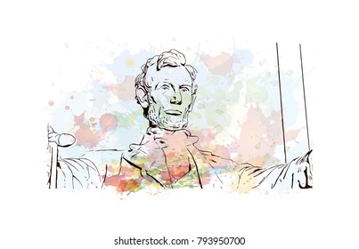 The statue of Abraham Lincoln sitting in a chair at Lincoln Memorial in Washington. Watercolor splash with sketch illustration in vector.