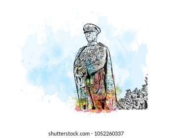 Statue in Adana is a major city in southern Turkey. Watercolor splash with Hand drawn sketch illustration in vector.