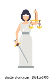 Statue of ancient Goddess of Justice Lady Themis. Woman Themis with sword in hand and scales of justice. Symbol truth, justice, balance, judgment, observance of law, tribunal. Vector illustration.