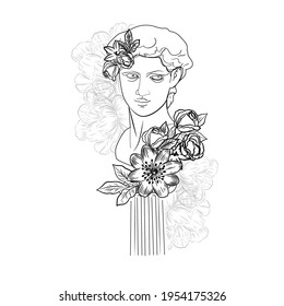 A statue of an ancient Greek god in a continuous line and flowers. Vector illustration. Modern drawing