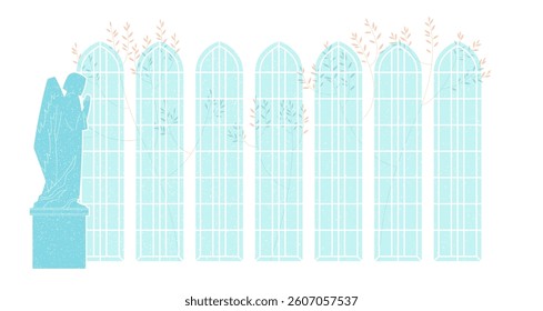 Statue of an angel with high windows on a background in church, illustration isolated on white background
