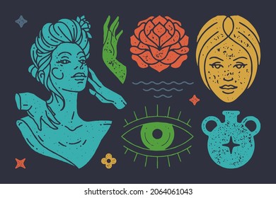 Statue of antique goddess with boho hands. Head of sad woman with blossoming flower. Mystical jug with star symbol. Occult ritual objects. Vector flat illustration