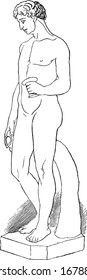Statue is an antique sculpture, vintage line drawing or engraving illustration.
