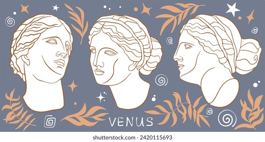 Statue of Aphrodite's head. Aphrodite Venus Portrait. Antique greek sculpture. Vector. Hand drawn Vector illustrations isolated. Editable vector illustration.