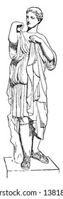 Statue of Artemis where she is fixing her dress, vintage line drawing or engraving illustration.