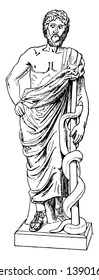 Statue of Asclepius holding a snake twisted on stick, vintage line drawing or engraving illustration.