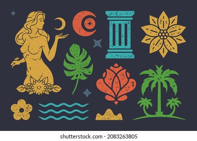 Statue of beautiful goddess holding boho crescent. Antique column with mystical flower. Astral symbol of water with bud of blossoming lotus and sacred palm tree. Vector esoteric symbols