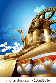 Statue of Big buddha in thailand on blue sky. Vector Illustration