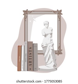 Statue with books and a mirror behind.For cards, prints, posters and design.