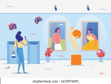 Statue Boy Holding Ball in Art Gallery Museum Room Vector Illustration. Woman Taking Pictures on Mobile Phone. Artworks Collection. Masterpieces with Man and Woman Hanging on Wall.