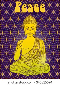 Statue of Buddha in the lotus position, meditation. Geometric element hand drawn. Psychedelic Poster in the style of 60's, 70's. Sacred Geometry. Promoted peace and love.