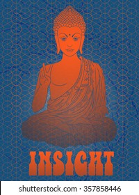 Statue of Buddha in the lotus position, meditation. Geometric element hand drawn. Psychedelic Poster in the style of 60's, 70's. Sacred Geometry. Promoted peace and love.