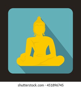 Statue of Buddha sitting in lotus pose icon in flat style on a baby blue background