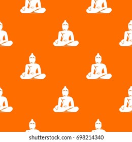 Statue of Buddha sitting in lotus pose pattern repeat seamless in orange color for any design. Vector geometric illustration