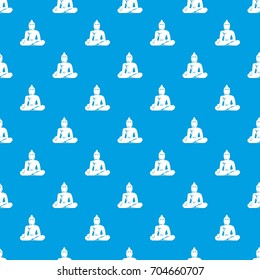 Statue of Buddha sitting in lotus pose pattern repeat seamless in blue color for any design. Vector geometric illustration