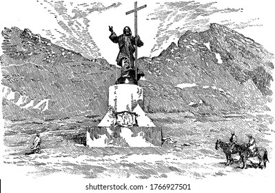 Statue of Christ between the borders of Argentina and Chile, monument for peace, vintage line drawing or engraving illustration.
