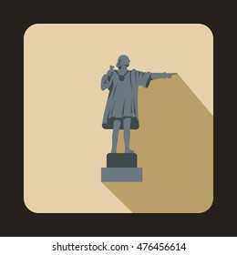 Statue of Christopher Columbus pointing on the America icon in flat style isolated with long shadow