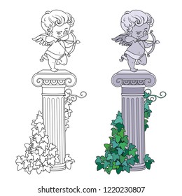 Statue of Cupid archer standing on a column entwined with ivy color and outlined for coloring