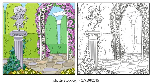 Statue of a cupid archer standing on column entwined with ivy in the park color and outlined for coloring page