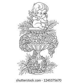 Statue of Cupid with a heart and an arrow in a large garden flowerpot with roses outlined for coloring