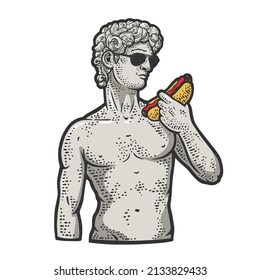 statue of david with hot dog color sketch engraving vector illustration. T-shirt apparel print design. Scratch board imitation. Black and white hand drawn image.