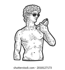 statue of David with hot dog sketch engraving vector illustration. T-shirt apparel print design. Scratch board imitation. Black and white hand drawn image.