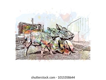 Statue in Denver, City in Colorado. Watercolor splash with Hand drawn sketch illustration in vector.