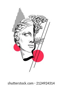 Statue face of greek goddess Aphrodite with red circles and flowers. Ancient portrait of marble sculpture in creative linear style. Head of woman in trendy broken style. Vector isolated illustration