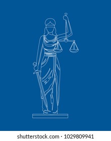 Statue of Femida with Scales and Sword Thin Line Style Design Symbol Law Web Element. Vector illustration of of God Justice