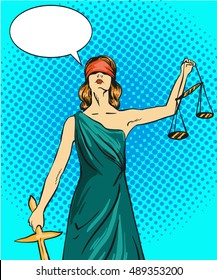 Statue of god of justice Themis. Femida with balance and sword. Vector illustration in pop art comic retro style. Law and legal concept.