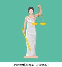 Statue of god of justice Themis. Femida with scales and sword. Symbol of law and  justice. Flat icon vector illustration.