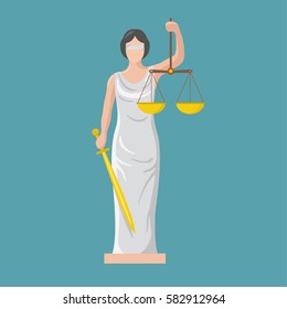 Statue of god of justice Themis. Femida with scales and sword. Symbol of law and  justice. Flat icon vector illustration.
