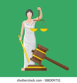 Statue of god of justice Themis and wooden judge gavel. Justice hammer sign.. Femida with scales and sword. Symbol of law and  justice. Flat icon vector illustration.