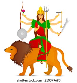 Statue of Goddess Durga sitting on her lion and holding weapons in her each hands.