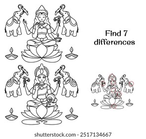 Statue of Goddess Lakshmi. Indian mythology. Find 7 differences. Tasks for children. Vector illustration