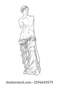 Statue of goddess Venus de Milo Ancient Greek sculpture line art. Outline illustration isolated on white background. Linear style