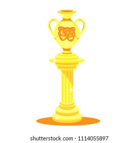 Statue of golden antique column with vase,theater masks of tragedy and comedy. Modern flat cartoons style vector illustration icons. Isolated on white background.Golden column with vase amphora.Column
