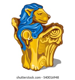 A statue of a Golden lion with a blue mane and wings isolated on white background. Vector illustration.