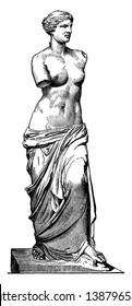 A statue of Greek goddess of love and beauty. Statue has missing arms, vintage line drawing or engraving illustration.