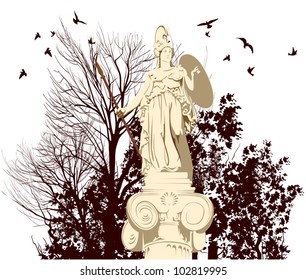 statue of greek goddess of wisdom Athena on the trees background