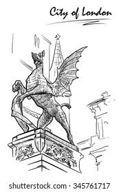 Statue of Griffin marking the administrative border of the City of London. Sketch. EPS10 vector illustration.