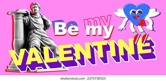 Estatua con efecto de medio tono en un estilo de collage retro con elementos gráficos vectoriales. Feliz Día de San Valentín. Ilustración vectorial de banner en estilo plano.